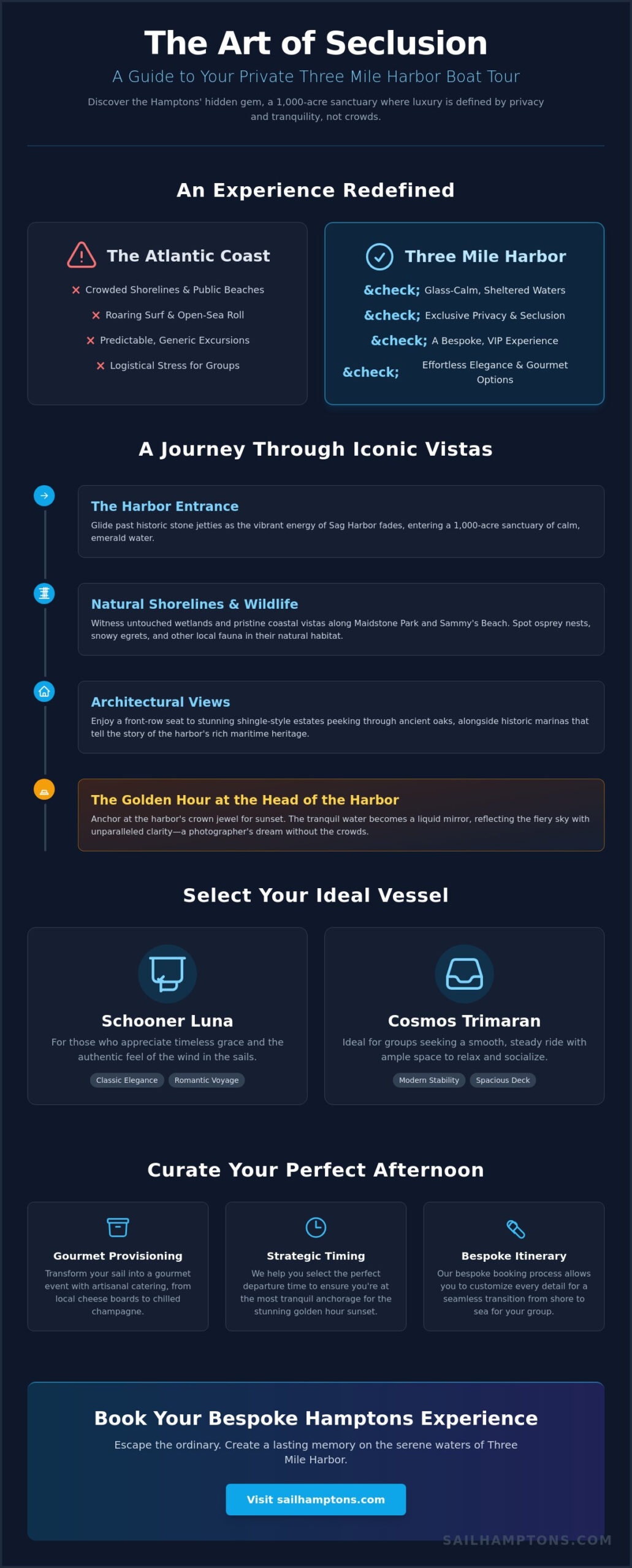 The Ultimate Three Mile Harbor Boat Tour: A Luxury Guide for 2026 - Infographic