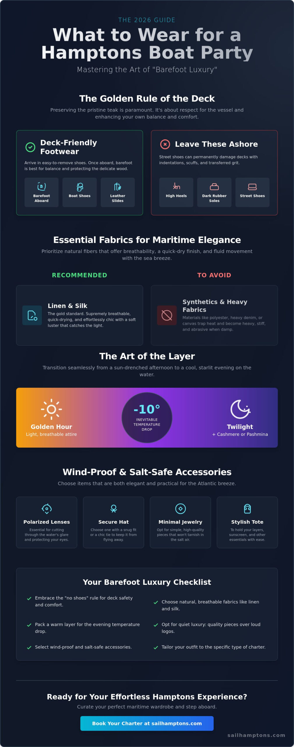 What to Wear for a Hamptons Boat Party: The 2026 Guide to Barefoot Luxury - Infographic