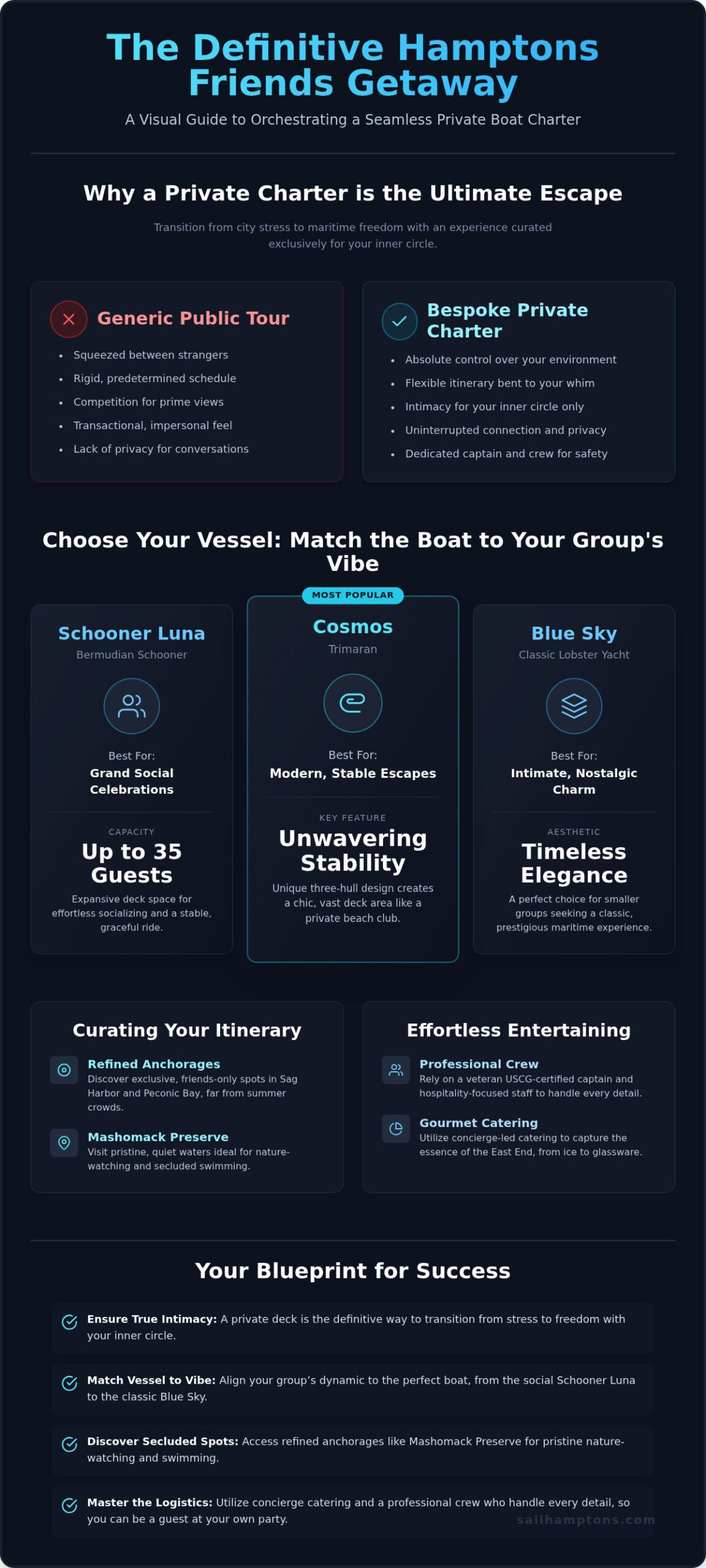 The Ultimate Hamptons Friends Getaway: A 2026 Luxury Boat Charter Guide - Infographic